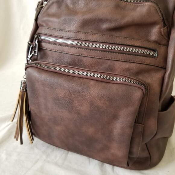 NWOT! Brown Faux Leather Backpack Tote Shoulder Bag with Tassel & Detach. Strap main image 13